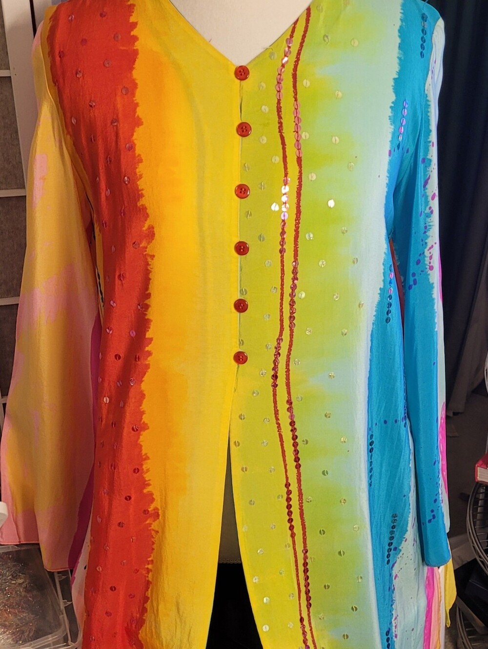 Diane Gilman Rainbow Colored  Sequin-Accent Silk Blouse or Tunic, Size S